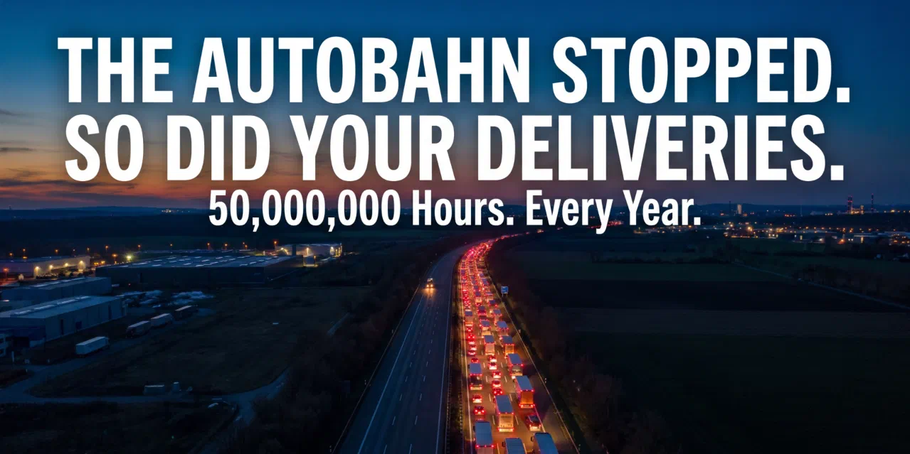 Autobahn in der Dämmerung mit einer langen Schlange von Lkw-Rücklichtern, darüber die Schlagzeile The Autobahn stopped. So did your deliveries.