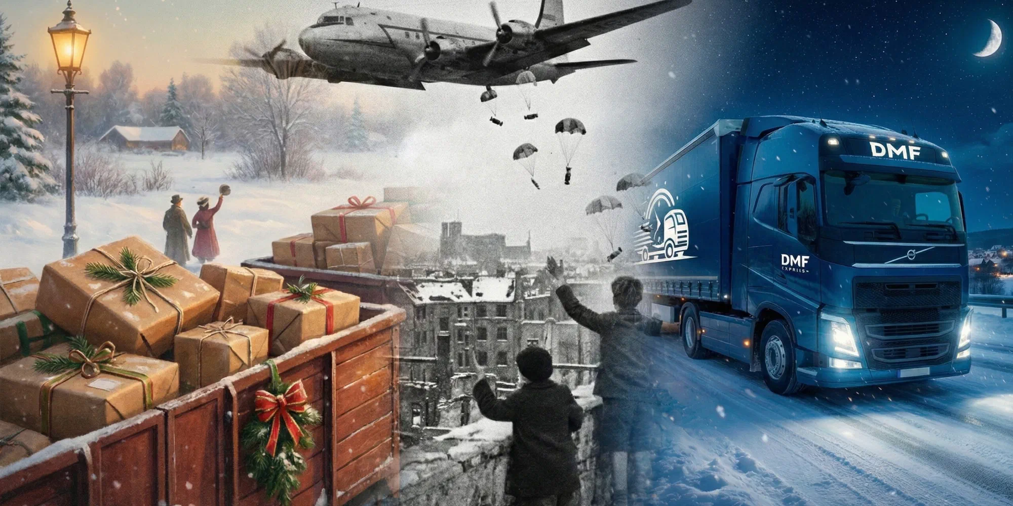 Weihnachtstransport und Logistik - eine winterliche Straße mit einem Transportfahrzeug