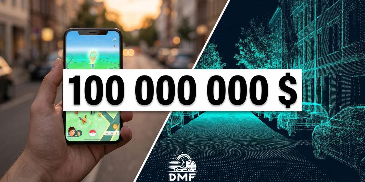 Ein Smartphone mit Pokémon GO neben einem 3D-Punktwolken-Scan einer Straße, beschriftet mit 100 000 000 $