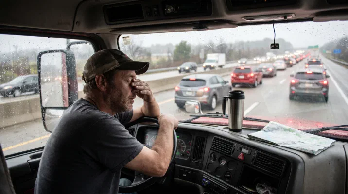 Ein frustrierter Lkw-Fahrer in seiner Kabine, im Autobahnstau festgefahren